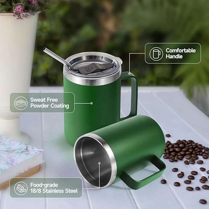 Volhoply 16oz Insulated Coffee Mug with Lid and Straw, Stainless Steel Travel Mugs with Handle, Double Wall Vacuum Leak Proof Coffee Tumbler Cup (Army Green,2)