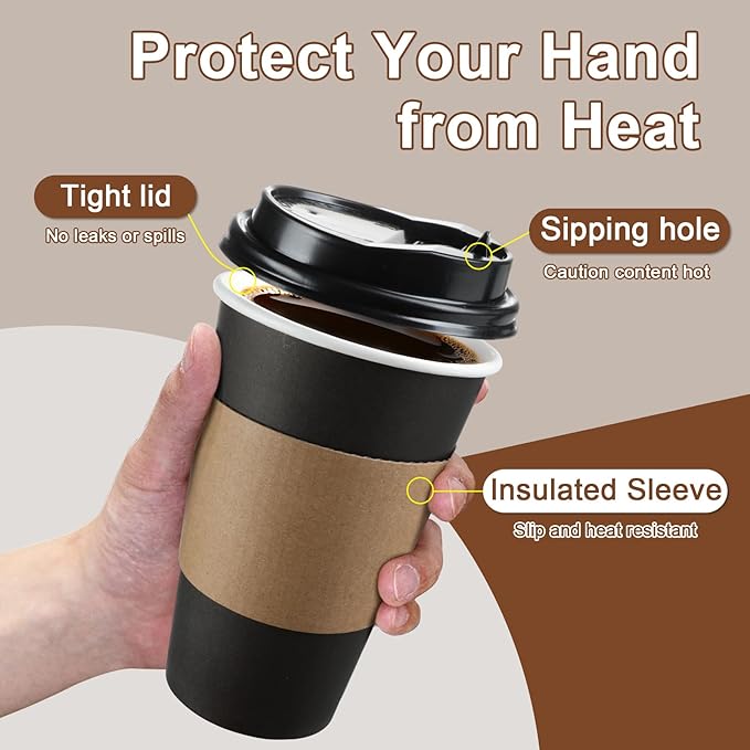 120 Pack 12 oz Paper Coffee Cups Set, Disposable Black Coffee Cups with Lids, Sleeves and Stirring Sticks, Fit For Cold and Hot Drinks