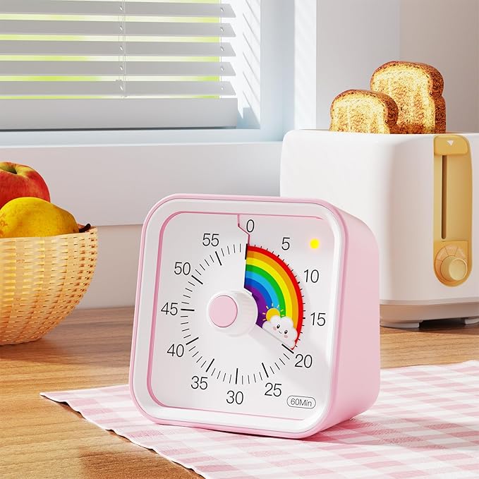 InfPokid Visual Timer for Kids with Pause Function, Cute Silent Timer with Rainbow for Classroom, Teaching, Task, Kitchen, 60 Minute Countdown Time Management for ADHD (Rainbow Pink)