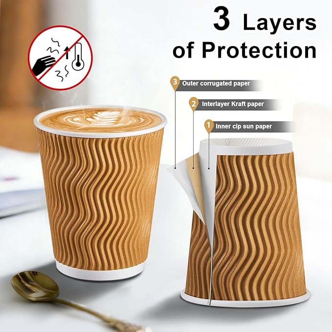 120 Pack 10 oz Coffee Cups, Disposable Corrugated Insulated Ripple Wall Paper Coffee Cups 12oz for Hot or Cold Drinks Office Home Cafe Party Travel (Champagne)