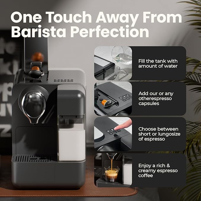JZ.CAFE Espresso Machine with Integrated Automatic Milk Frother - Single-Serve Coffee Maker Capsule Compatible, One Touch Latte & Cappuccino, Single or Double Shot Espresso Maker