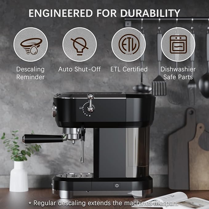 Espresso Machine with Powerful Steam Milk Frother, 20 Bar Coffee Machine for Latte, Cappuccino, Compact Espresso Maker for Home, Fast Heating, 42oz Removable Water Tank, Black