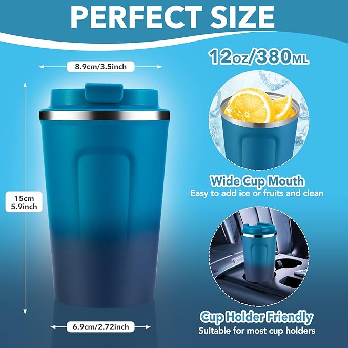 Volhoply 12 oz Double Wall Insulated Vacuum Travel Coffee Mug with Flip Lid,Reusable Stainless Steel Leak Proof Coffee Cup,Portable Cafe Thermal Tumbler Suitable for Hot&Cold Drinks(Dark Night,1 Set)