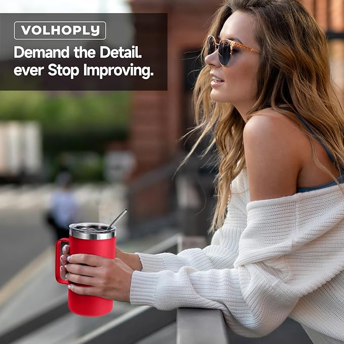 Volhoply 24oz Insulated Coffee Mug with Lid and Straw, Stainless Steel Travel Mugs with Handle, Double Wall Vacuum Leak Proof Coffee Tumbler Cup (Red,1)