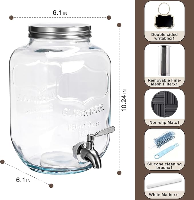 Cold Brew Coffee Maker With Silicone Mat, Cold brew pitcher,1 Gallon Glass Pitcher with Stainless Steel Filter,304 stainless steel leak-proof Spigot,Large Iced Coffee Maker for Home, Easy to Use
