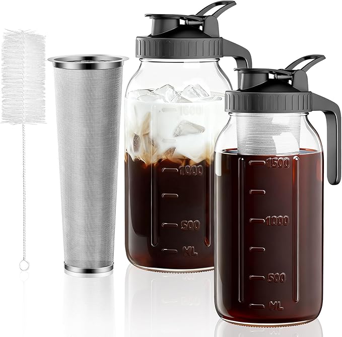 VA1KENE 2-Pack Cold Brew Coffee Maker - 64oz Mason Jar Pitcher with Stainless Steel Filter, Spout Lid for Iced Coffee, Tea, Lemonade & Fruit Drinks
