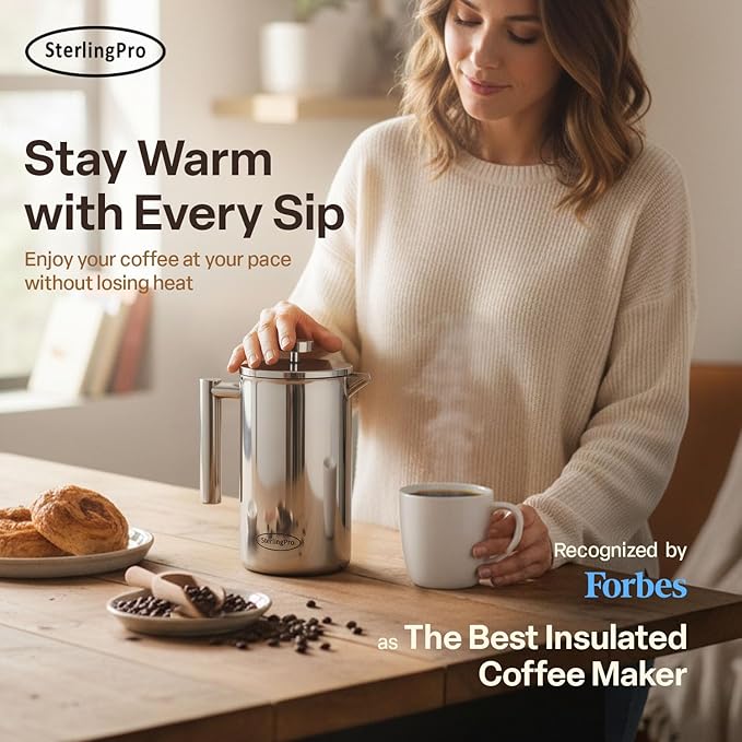 Extra Large Insulated Metal French Press Coffee Maker 59 oz (1.75L), Large Capacity Stainless Steel Big French Press XL, Durable Insulated Mirror Coffee Maker with Double Walled Insulation, Mirror