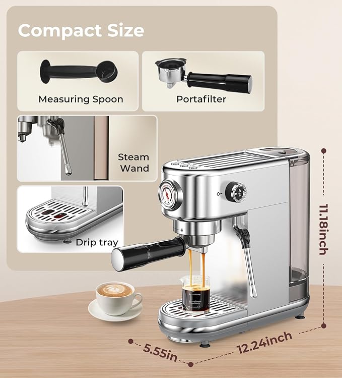 Espresso Machine with Milk Frother, 20 Bar Pressure Espresso Maker, Automatic & Manual, Compact Stainless Steel Coffee Machine for Cappuccino, Latte, Gift for Coffee Lover, Dad or Mom, Silver