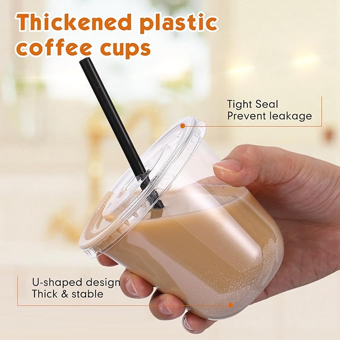 100 Set 10 oz Clear Plastic Cups with Lids and Straws, Disposable Iced Coffee PET Cups for Drinking Cold Beverage Juice Parfait Smoothie Milkshake Coffee Shops Party Supplies