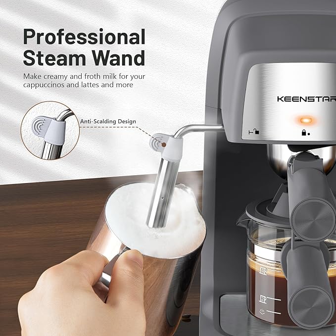 KEENSTAR 3.5Bar Espresso Machine with Milk Frother, 800W Compact Espresso and Cappuccino Machine with Preheating Function, 4 Cup Espresso Maker for Cappuccino or Latte, Gift for Coffee Lover