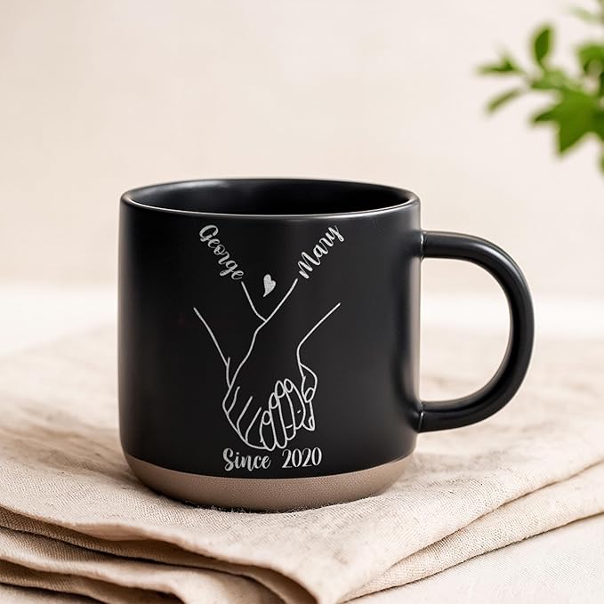 Personalized Couple Pottery Mug 12oz, Custom Names Since Year Coffee Mug, Minimalist Line Art Design, Engagement, Wedding & Anniversary