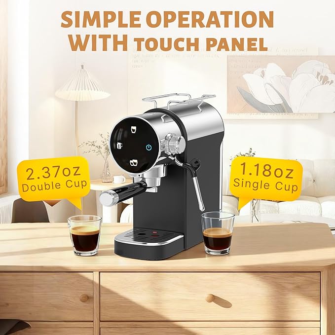Espresso Machine, Touch Screen Control 20 Bar Espresso Coffee Maker with Steam Milk Frother for Latte & Cappuccino, Removable Water Tank, Modern Black Design