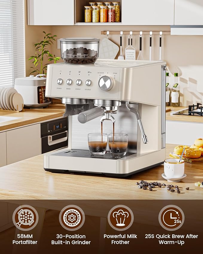 20 Bar Espresso Machine with Built-in Anti-Clog Coffee Grinder, Expresso Coffee Machines with Milk Steam Wand/Frother/Tamping Tools,Espresso Maker with Grinder for Lattes-White