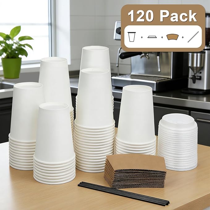120 Pack 12 oz Paper Coffee Cups Set, Disposable White Coffee Cups with Lids, Sleeves and Stirring Sticks, Fit For Cold and Hot Drinks