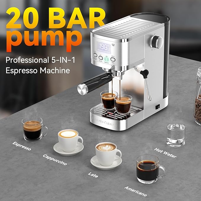 Espresso Machine 20 Bar, Stainless Steel Espresso Maker with Steam Milk Frother,Expresso Machine for Home Temperature Control and LED Display, Coffee Machine for Cappuccino, Latte, Americano