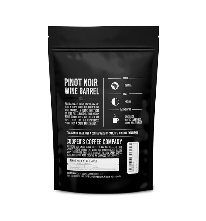 Wine Barrel Coffee Pinot Noir Aged Rwanda Beans, Incredibly Complex & Smooth Roasted Fresh - Whole bean 12oz Bag