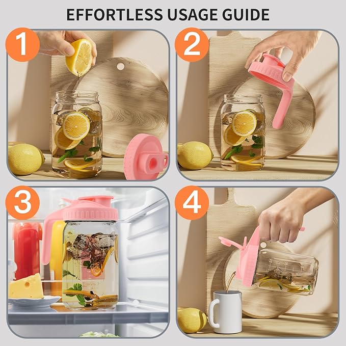 Cnsndqedke 64oz Glass Pitcher with Lid &Pour Spout - 2 Quart Breastmilk Pitcher Double Leak Proof, Creamer Container for Sun Tea, Juice, Cold Brew Coffee, Breastmilk Storage Container -Pink Lid