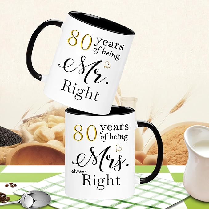 WOSIWULA 80 Year Anniversary Birthday Coffee Mugs Set of 2, 80th Wedding Anniversary Decorations Gifts for Couple Grandparents Parents Women Men Wife Husband Her Him, 80th Birthday Gifts, 11oz