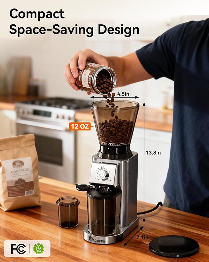 IAGREEA Coffee Grinder with Anti Static, Burr Coffee Bean Grinder for Home Use with 48 Precise Grind Settings, Detachable Funnel Stand for Espresso/Drip/Cold Brew/French Press, Stainless Steel