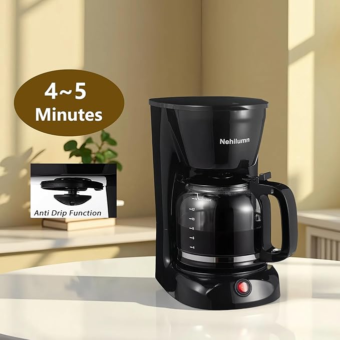 Nehilumn 12 Cup Drip Coffee Maker Machine, Coffee Pot Machine Permanent Coffee Filter,1.8L Glass Carafe Electric Coffee Maker,950W Black
