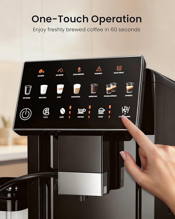 Fully Automatic Coffee Machine, 20 Bar Coffee Maker with Grinder, Automatic Espresso Machine with 15 Grinding Levels, Touch Control for Cappuccino & Latte, Auto Self-Cleaning