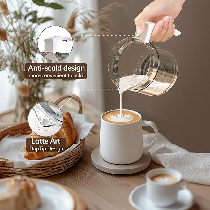 Electric Milk Frother and Steamer, 16.9oz/500ml Milk Steamer and Frother for Latte, Dishwasher Safe, BPA Free, 4 Functions, Enjoy Perfect Milk Froth in 2 Min - White