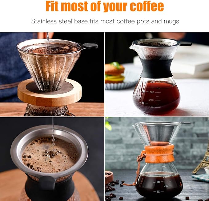 MEICHU Pour Over Coffee Filter 2PCS, Stainless Steel Coffee Filter, Paperless Reusable Cone Coffee Dripper