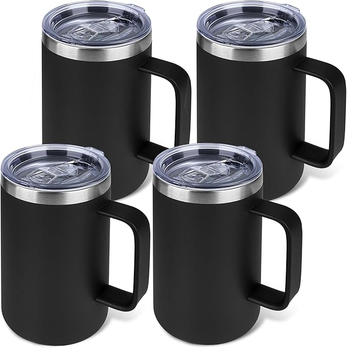 Zynkify 22oz Insulated Coffee Mug with Handle & Leak-Proof Lid - Double Wall Stainless Steel Travel Tumbler Bulk for Commute/Office/Home, Black, 4 Pack