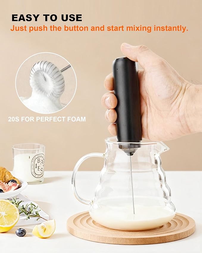 Soenglyun Rechargeable Milk Frother with Cover, Easy to Carry Drink Mixer Handheld, Electric Frother Wand for Coffee, Latte, Cappuccino, Frappe Drink, Hot Chocolate, Black