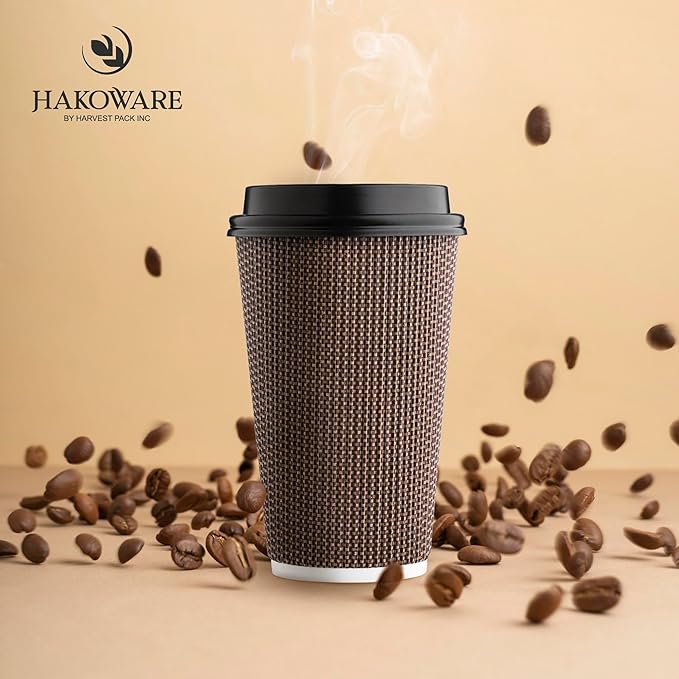 [85 SET]Harvest Pack 16 oz Disposable Coffee Cups, Insulated Ripple Double-Walled Paper Cups with Lids, Black and White Geometric, Drinking Cups for Tea Hot Chocolate Drinks To go coffee cups