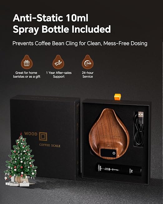 Digital Dosing Cup with LED Display - Mini Rechargeable Wood Coffee Bean Scale Cup and Spray Bottle Kit, Kitchen Measuring Accessory for Espresso, Tea, Coffee Lover Gifts, Walnut