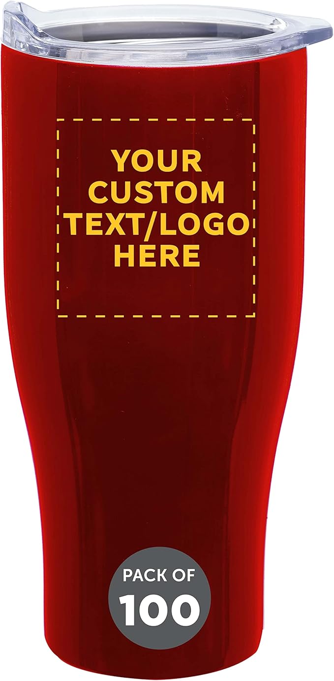 Custom Stainless Steel Grip Travel Mugs 27 oz. Set of 100, Personalized Bulk Pack - Perfect for Coffee, Soda, Other Hot & Cold Beverages - Red