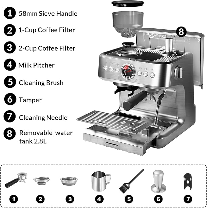 Espresso Machine with Grinder, 20 Bar Semi-Automatic Coffee Maker with Milk Frother Steam Wand, PID Temperature Control, 95 OZ Water Tank, for Cappuccino, Latte, Macchiato, Home Barista, Light Gray