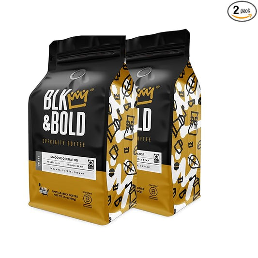 BLK & Bold Whole Bean Coffee, Smoove Operator Premium Dark Roast, 100% Arabica Beans, 12 oz Bag (2 Pack)