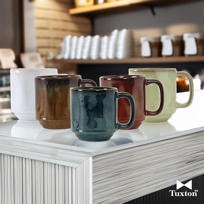 Tuxton China GAJ-150 Yukon Mug, 12 oz., 3-3/8" Diameter x 3-3/4"H, with Handle, Stackable, Microwave and Dishwasher Safe, Oven Proof, Fully Vitrified, Ceramic, TuxTrendz, Artisan, Pack of 24