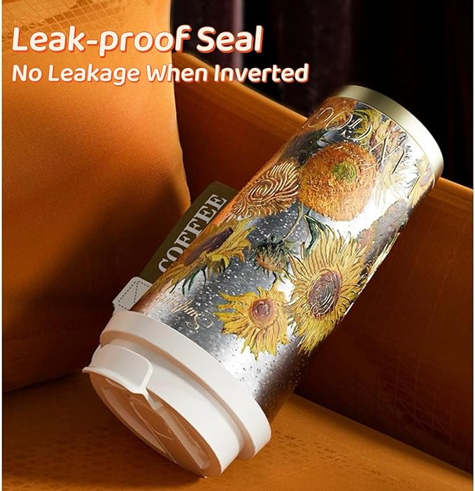 JWANGYUDG-100% Fully Titanium 17.5 oz Mug, 12-hour Thermal Insulation Coffee Mug, Artistic Travel Coffee Mug, Reusable Coffee Cup (Sunflower)