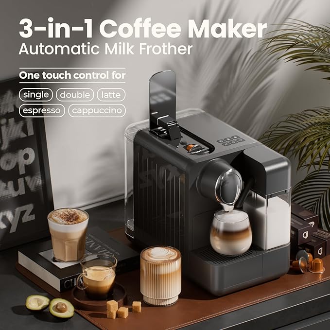 JZ.CAFE Espresso Machine with Integrated Automatic Milk Frother - Single-Serve Coffee Maker Capsule Compatible, One Touch Latte & Cappuccino, Single or Double Shot Espresso Maker