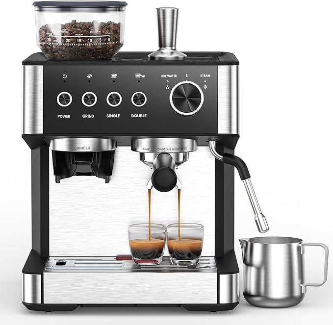(2025 Upgrade Espresso Machine with Grinder, 20 Bar Professional Espresso Coffee Machine with Anti-Clog Design, Built-in Milk Frother Steam Wand-Perfect Cappuccino & Latte Maker for Home
