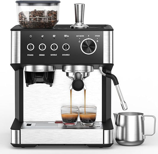 (2025 Upgrade Espresso Machine with Grinder, 20 Bar Professional Espresso Coffee Machine with Anti-Clog Design, Built-in Milk Frother Steam Wand-Perfect Cappuccino & Latte Maker for Home