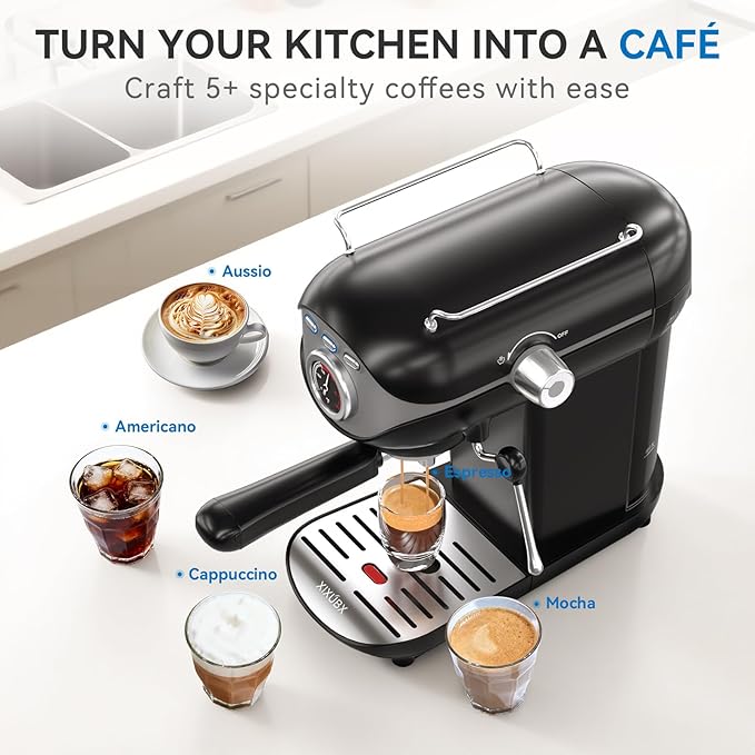 Espresso Machine 20 Bar, Compact Coffee Maker with Milk Frother Steam Wand Professional Espresso Coffee Machine with Removable Water Tank, Latte Cappuccino Machine for Home Office Use, Black