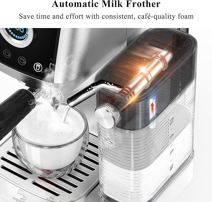 MAttinata Cappuccino Coffee Machine, Espresso Machine Touchscreen Control with Auto Milk Frother, Stainless Steel Espresso Maker 20 Bar, Latte Coffee Maker with for Home, Office with Timer