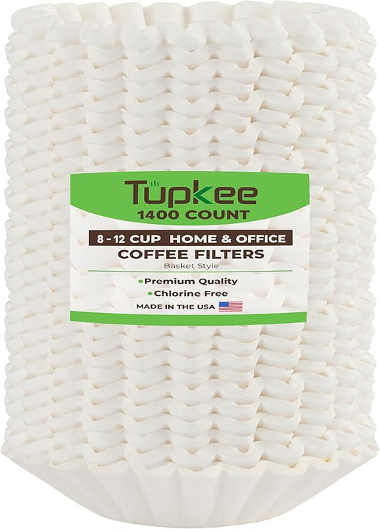 Tupkee Coffee Filters 8-12 Cups - 1400 Count, Basket Style, White Paper, Chlorine Free Coffee Filter, Made in the USA
