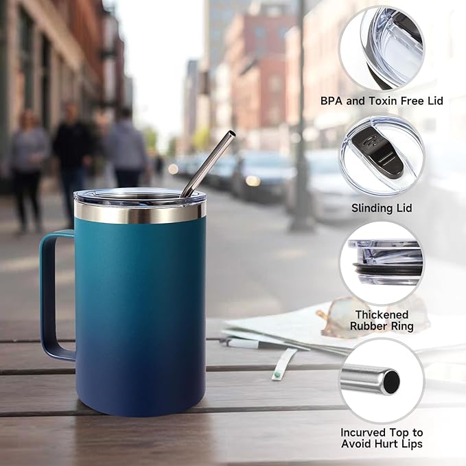 Volhoply 16oz Insulated Coffee Mug with Lid and Straw, Stainless Steel Travel Mugs with Handle, Double Wall Vacuum Leak Proof Coffee Tumbler Cup (Dark Night,2)