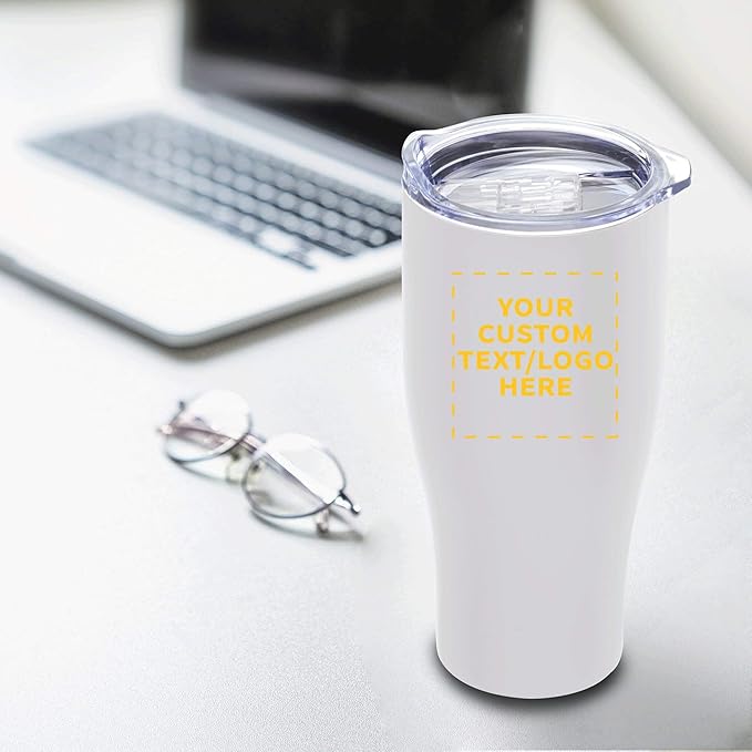 Custom Stainless Steel Grip Travel Mugs 27 oz. Set of 50, Personalized Bulk Pack - Perfect for Coffee, Soda, Other Hot & Cold Beverages - White
