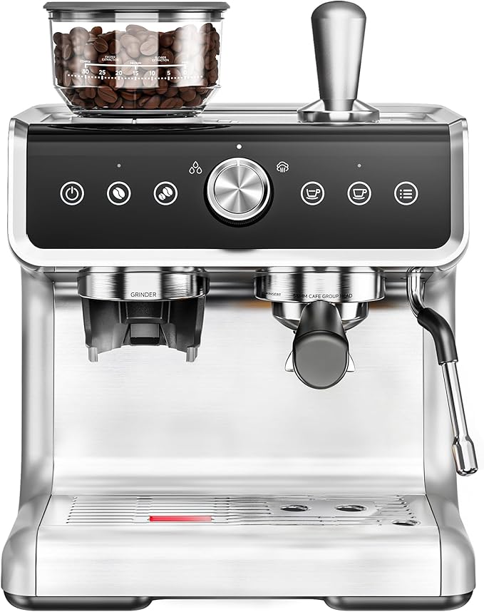 Coffee Maker with Grinder, 30 Settings & 20 Bar Pump, Espresso Machine with 58mm Portafilter & Milk Frother for Cappuccino or Latte