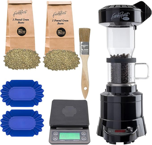 Fresh Roast Coffee Roaster Bundle SR540, Glass Extension Tube, Pour Over DIgital Scale, (2lbs) Sample Pack of Green Beans, (2-Pack) Sample Trays, Chaff Brush
