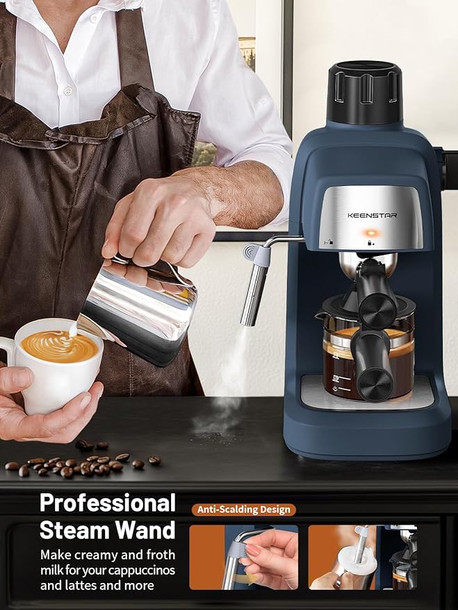 KEENSTAR 3.5Bar Espresso Machine with Milk Frother, 800W Compact Espresso and Cappuccino Machine with Preheating Function, 4 Cup Espresso Maker for Cappuccino or Latte, Gift for Coffee Lover