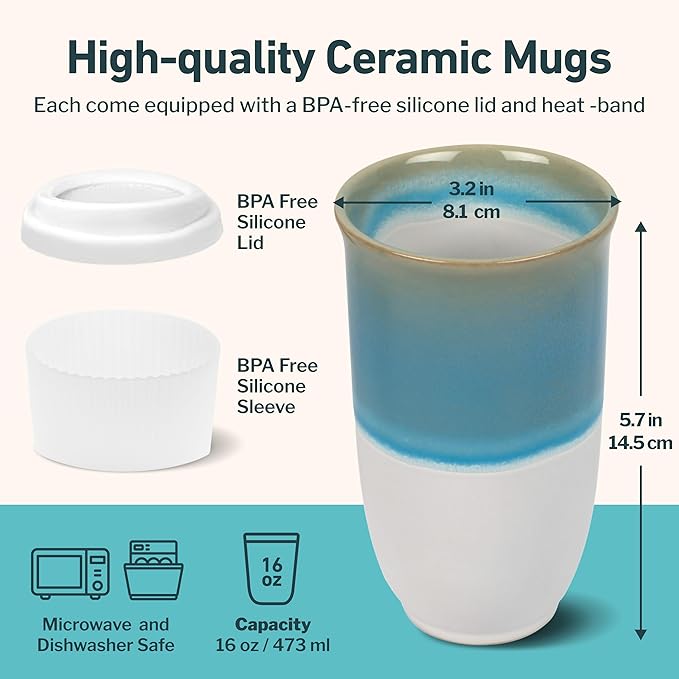 NOVA CERAMICS Travel Coffee Tumbler – Travel Mug - On the Go Coffee Mug – Microwave & Dishwasher Safe Green CoffeeTumbler - Gifts For Women Men Him Her – 16oz – Lagoon