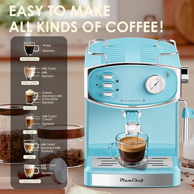 20 Bar Vintage Style Espresso Machine Coffee Maker with Milk Frother, ESE Pod Compatible Coffee Machine, Pressure Gauge, 54 oz Food-Grade PP Removable Water Tank, Ideal for Home Barista(Blue)