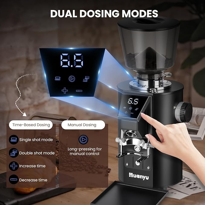 Huanyu Coffee Grinder Commercial with Touchscreen Control, Reinforced 35oz Hopper (40% Thicker), 8 Grind Settings, 64mm Flat Burr and Dual Dosing, For Coffee Shops and Home Use
